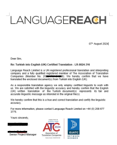 Language Reach Certified Translation real Sample